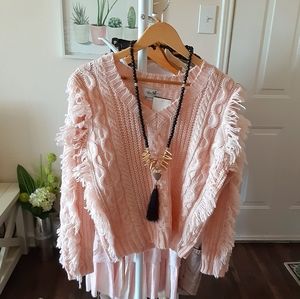 Fringed Details Sweater Pink Ruffled Medium